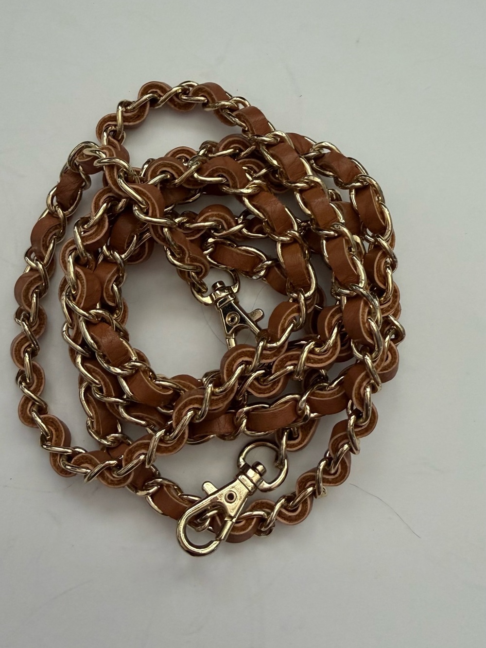 Gold Chain Shoulder Strap with Brown Leather Weave - Picture 2 of 3
